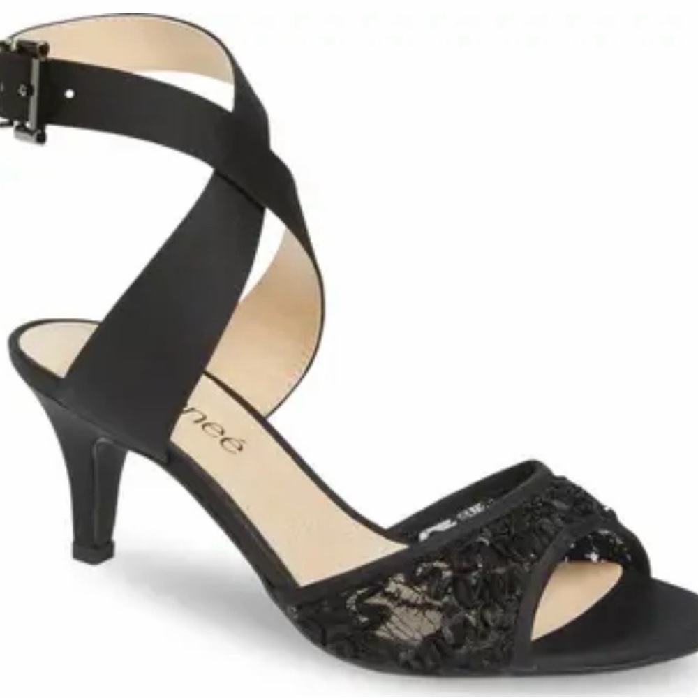 J Reneé Soncino Lace Ankle Strap Sandals Black Kitten Heel Size 8